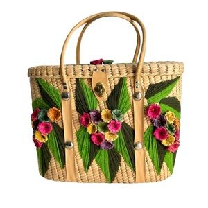 Vintage Straw Bag Retro 60s Floral Woven Basket Vacation Coastal Tote Purse